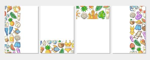 Set of summer colorful vertical a4 poster, painted beach elements, accessories icons. Left, right side, upper, bottom border frame, space for text, isolated on white. For banner, invitation, sale vector