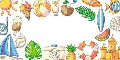 Summer colorful horizontal banner, beach accessories icons. Border frame, space for text in the middle, isolated on white. For poster, flyer, card, invitation, social media, postcard, party or event vector