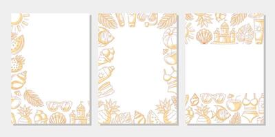 Set of summer minimalist vertical a4 poster, monochrome orange beach elements, accessories icons. Corner, upper, bottom border frame, copy space, isolated on white. For banner, invitation, sale, event vector