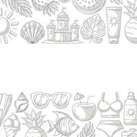 Summer minimalist square card, monochrome gray beach accessories icons. Upper and bottom border frame, space for text, isolated on white. For poster, flyer, banner, invitation, social media, party vector