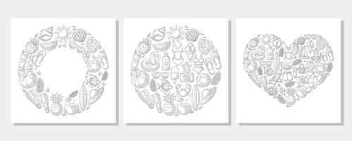 Set of summer beach square card with beach elements in round and heart shape. Collection of minimalist monochrome gray beach accessories icons isolated on white. For poster, flyer, banner, invitation vector