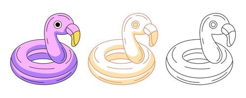 Summer beach inflatable swimming ring in flamingo shape, colorful and line icons set. Outline icon, monochrome and color illustration. For logo, sticker, coloring book, label vector