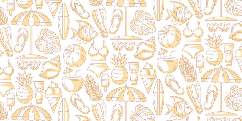 Monochrome orange seamless summer pattern with beach elements. Swimsuit, flip flops, flippers, exotic fish, surfboard, umbrella, coconut cocktail, pineapple. For cover, wrapping paper, textile print