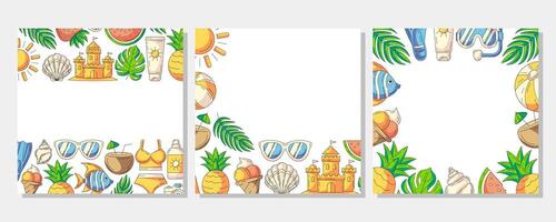 Set of summer colorful square card, painted beach elements, accessories icons. Corner, upper, bottom border frame, space for text, isolated on white. For banner, invitation, poster, sale, party vector