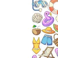 Summer colorful square card, painted beach accessories icons. Right side border frame, space for text, isolated on white. For poster, flyer, banner, invitation, social media, party, event or sale vector