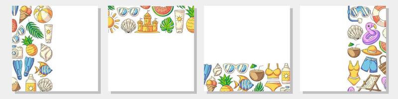 Set of summer colorful square card, painted beach elements, accessories icons. Left, right side, upper, bottom border frame, copy space, isolated on white. For banner, invitation, poster, social media vector