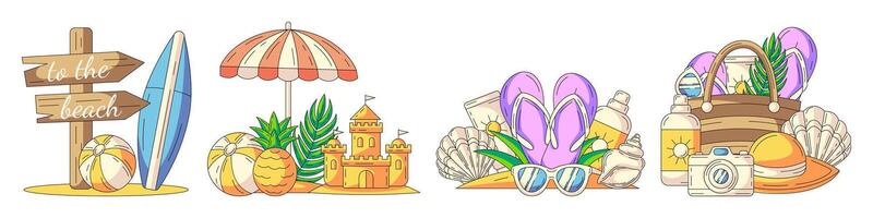 Set of summer beach illustrations, composition from seasonal elements and accessories for summertime rest. Surfboard, palm tree, sand castle, bag with sunscreen, flip flops, camera, pineapple vector