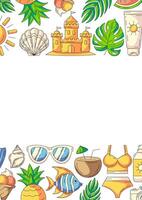 Summer vertical a4 poster, colorful beach elements, accessories icons. Upper and bottom border frame, copy space, isolated on white. For card, banner, invitation, social media, planner or cover vector