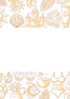 Summer minimalist vertical a4 poster, monochrome orange beach elements, accessories icons. Upper and bottom border frame, space for text, isolated on white. For card, banner, invitation, social media vector
