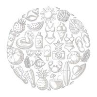 Summer beach elements in round shape. Square card, minimalist monochrome gray beach accessories icons isolated on white. For poster, flyer, banner, invitation, social media, party or event vector