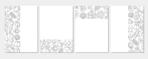 Set of summer minimalist vertical a4 poster, monochrome gray beach elements, accessories icons. Left, right side, upper, bottom border frame, copy space, isolated on white. For banner, invitation vector