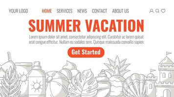 Summer beach elements and accessories, monochrome gray minimalist style. Sunscreen, inflatable ball, seashell, pineapple, sand castle. Landing page template for website, web, online, banner vector