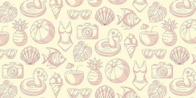 Minimalist monochrome summer seamless pattern, beach elements, isolated background. Swimsuit, pineapple, seashell, glasses, fish, flamingo, coconut cocktail. For cover, wrapping paper, textile print vector