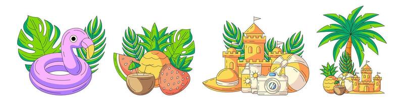 Set of summer beach illustrations, composition from seasonal elements and accessories for summertime rest. Flamingo swimming ring, tropical fruit, sand castle, palm tree, sunscreen, camera vector
