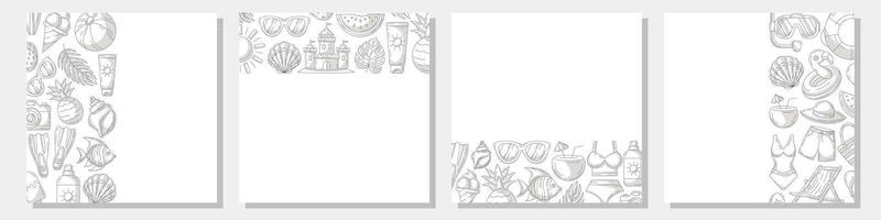 Set of summer minimalist square card, monochrome gray beach elements, accessories icons. Left, right side, upper, bottom border frame, copy space, isolated on white. For banner, invitation, poster vector