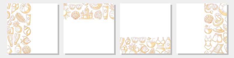 Set of summer minimalist square card, monochrome orange beach elements, accessories icons. Left, right side, upper, bottom border frame, copy space, isolated on white. For banner, invitation, poster vector