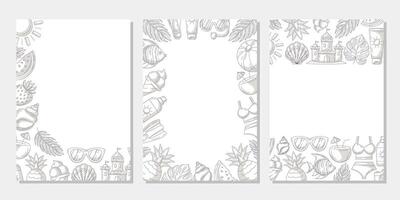 Set of summer minimalist vertical a4 poster, monochrome gray beach elements, accessories icons. Corner, upper, bottom border frame, copy space, isolated on white. For banner, invitation, sale, event vector