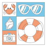 Geometric modern square card with simple minimalist summer beach, nautical icons. Trendy background, geometry. Abstract layout for poster, flyer, cover, brochure, party, invitation, banner vector