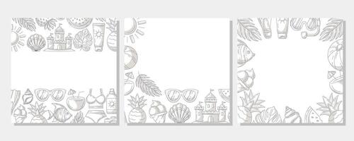 Set of summer minimalist square card, monochrome gray beach elements, accessories icons. Corner, upper, bottom border frame, space for text, isolated on white. For banner, invitation, poster, sale vector