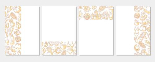 Set of summer minimalist vertical a4 poster, monochrome orange beach elements, accessories icons. Left, right side, upper, bottom border frame, copy space, isolated on white. For banner, invitation vector