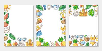 Set of summer colorful vertical a4 poster, painted beach elements, accessories icons. Corner, upper, bottom border frame, copy space, isolated on white. For banner, invitation, sale, event or party vector