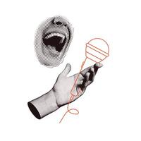 Trendy halftone collage concept. Elements cut out from a magazine, mouth, hand holding linear microphone. Retro modern design. illustration vector