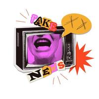 Fake news Trendy Retro collage with screaming face in TV with halftone effect and speech bubble, cutout paper text. Elements for banners, posters, social networks. vector