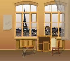 Interior of an artist's studio overlooking the Eiffel Tower. . vector