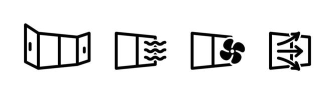 Window air ventilation icon set. Wind circulation symbol. Open window sign. Room conditioning illustration. Fresh air flow pictogram. Aeration line concept. vector