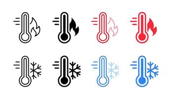 Hot and cold temperature icon set. Thermometer with snowflake and fire illustration. Warm and cool weather indicator. Winter and summer climate symbol. Thermometer temperature sign. vector