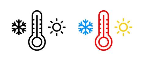 Hot and cold temperature icon. Thermometer with snowflake and sun illustration. Weather indicator. Climate symbol. Red and blue thermometer temperature measurement sign. vector