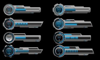 Set of HUD modern loading progress bars user interface elements design technology cyber blue grey metallic futuristic vector