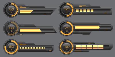 Set of HUD modern loading progress bars user interface elements design technology cyber yellow black metallic futuristic vector