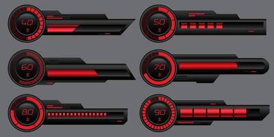 Set of HUD modern loading progress bars user interface elements design technology cyber red black metallic futuristic vector