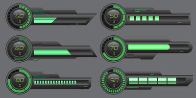 Set of HUD modern loading progress bars user interface elements design technology cyber green and black metallic futuristic vector