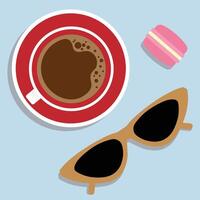 Clip art with coffee cup, macaroon and sunglasses in retro style vector