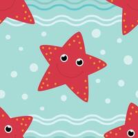 Seamless pattern with cute red seastars underwater in cartoon style. vector