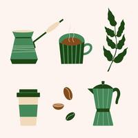 Coffee set illustrations in flat design style. Alternative coffee brewing methods and tools. Hand drawn design elements for label cafe project, coffee bean packaging, branding, wrapping, icon vector