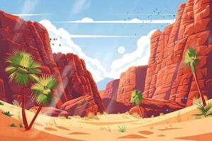 illustration of desert views, rocks, valleys and date palm trees. background with cartoon or anime style video
