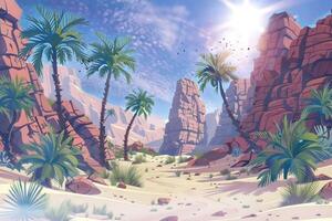 illustration of desert views, rocks, valleys and date palm trees. background with cartoon or anime style video