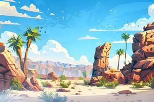 illustration of desert views, rocks, valleys and date palm trees. background with cartoon or anime style video
