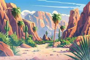 illustration of desert views, rocks, valleys and date palm trees. background with cartoon or anime style video