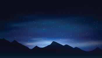 Starry night sky, mountains landscape, magic fields. Dark moon, backdrop with star galaxy, sparkle universe. Realistic clouds and glowing stars. Banner template. exact background vector