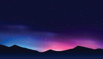 Starry night sky, mountains landscape, magic fields. Dark moon, backdrop with star galaxy, sparkle universe. Realistic clouds and glowing stars. Banner template. exact background vector