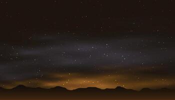Starry night sky, mountains landscape, magic fields. Dark moon, backdrop with star galaxy, sparkle universe. Realistic clouds and glowing stars. Banner template. exact background vector
