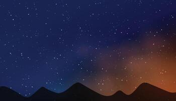 Starry night sky, mountains landscape, magic fields. Dark moon, backdrop with star galaxy, sparkle universe. Realistic clouds and glowing stars. Banner template. exact background vector