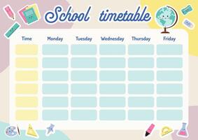 School timetable, weekly classes schedule for students or pupils. Illustration includes many education elements and school equipment. Schedule program, lesson plan for pupils. School children routine. vector