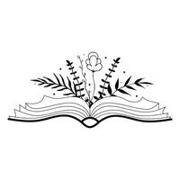 Opened book and wildflowers boho decorative composition black and white illustration. vector