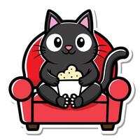 a cute cat sitting on a sofa holding a popcorn in solid background. vector