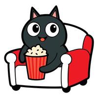 a cute cat sitting on a sofa holding a popcorn in solid background. vector